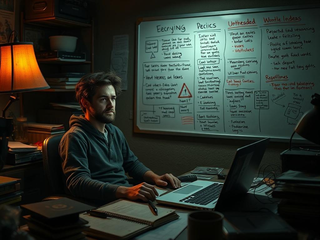 **AI Image Generation Prompt:**

Create a realistic high-resolution photo that visually encapsulates the theme of "Changing Plans." The composition should be simple and clear, featuring a single subject in focus. The image should depict a scruffy, dedicated game developer seated in a dimly lit room, contemplating their work. The room is illuminated by a soft, warm desk lamp, casting deep shadows and creating a dramatic atmosphere.

The developer, a focused individual in their late 20s, has a focused express