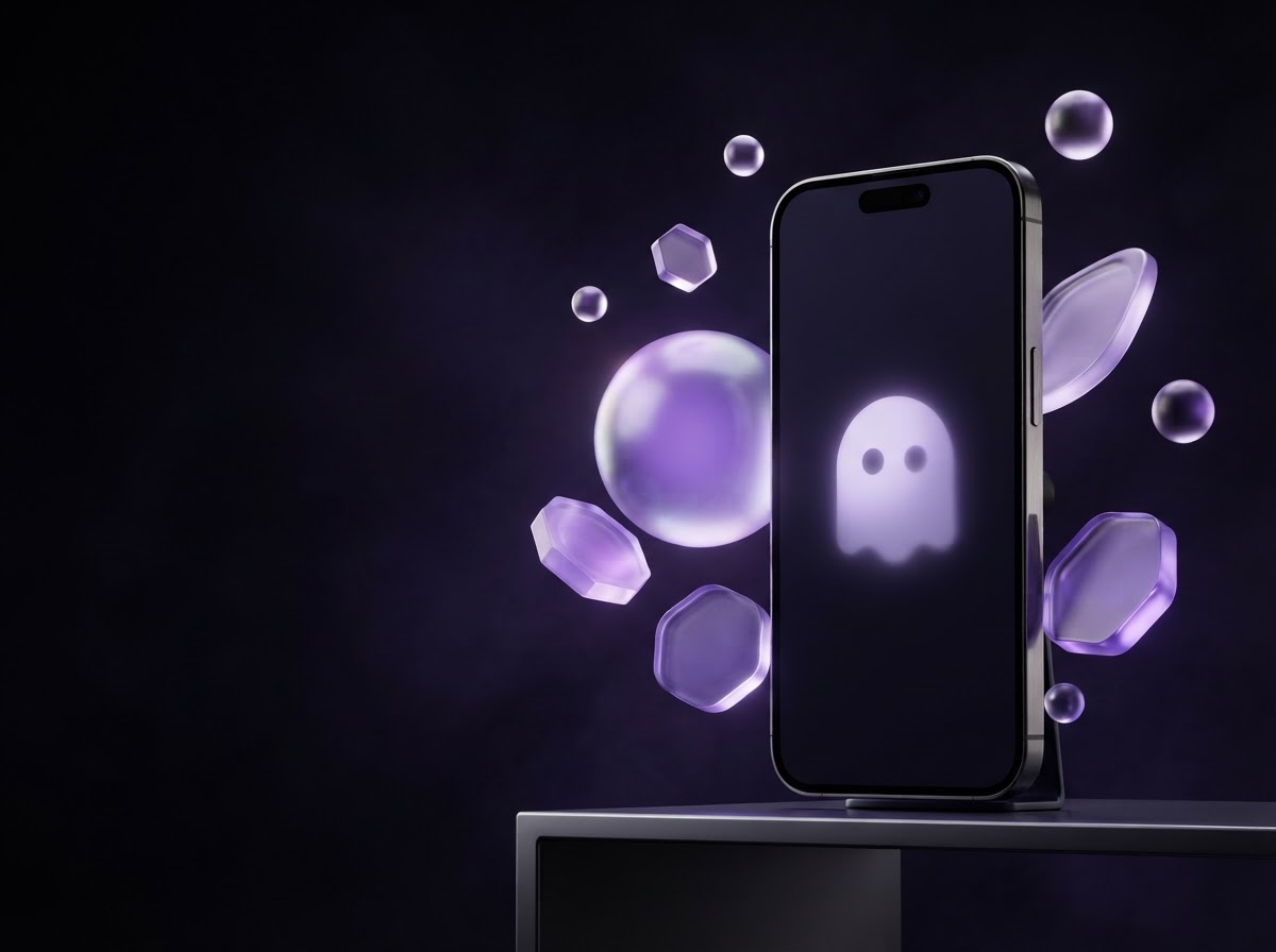 A glowing smartphone and iridescent glass forms in a deep violet world