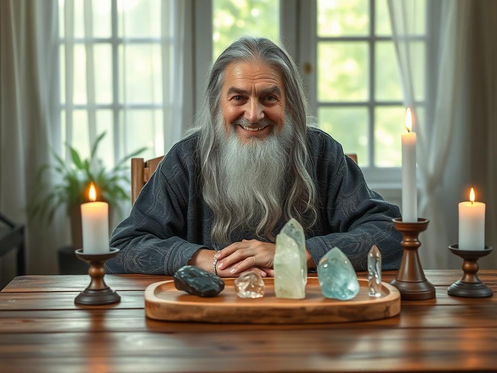 A serene setting featuring a mystical, wise looking elder with