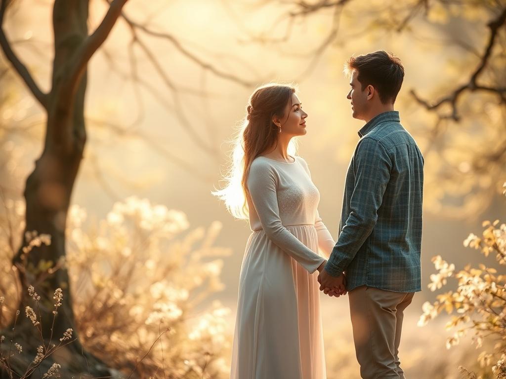 A serene setting with a couple holding hands, gazing into