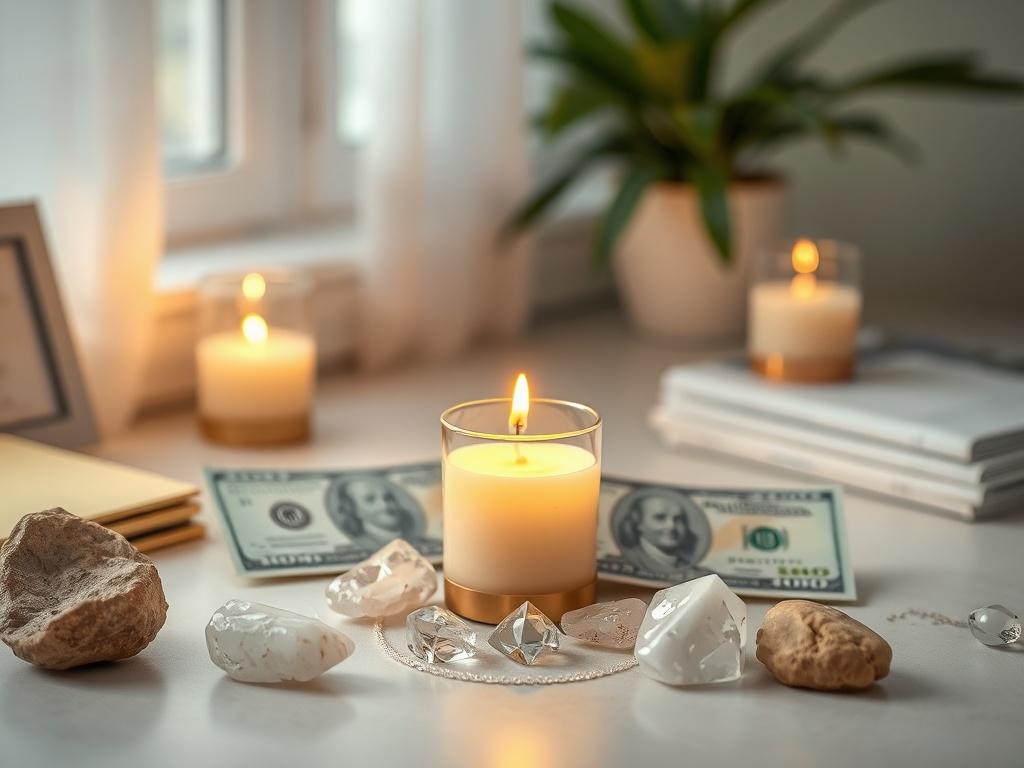 A peaceful workspace with money symbols subtly arranged around a