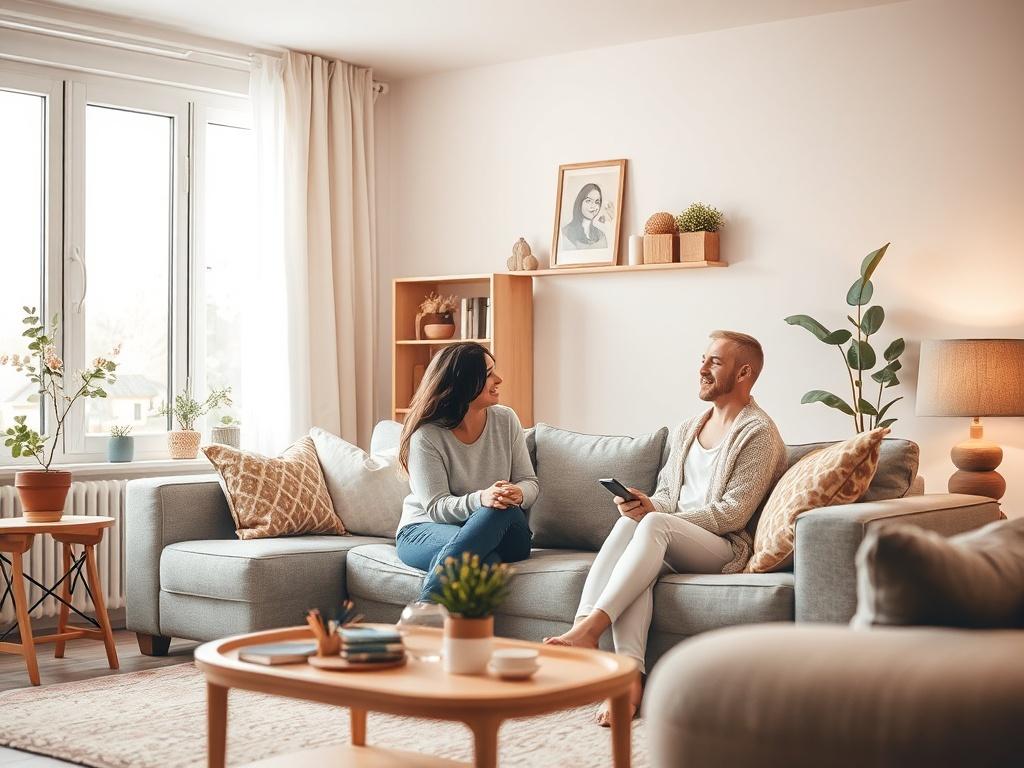 A cozy living room scene featuring two people sharing a