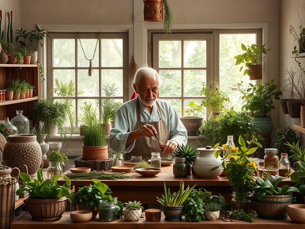 A serene herbalist's workshop filled with various herbs and plants. In the center, a traditional herbalist, an elderly person with gentle features, is preparing herbal remedies on a wooden table. Soft natural light filters through a window, illuminating the lush greenery outside. The atmosphere is peaceful and inviting, reflecting a connection to nature and holistic healing.