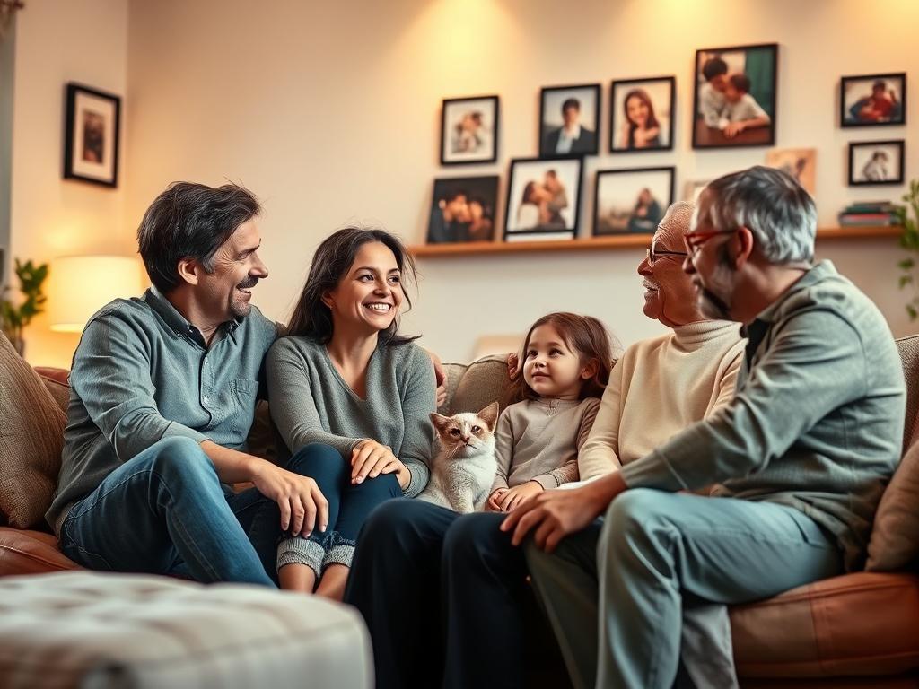 A serene family gathering in a softly lit living room, with a diverse family sitting together, smiling and engaging in a heartfelt conversation. The background features warm colors, soft lighting, and family photos on the wall, creating a peaceful and inviting atmosphere. The focus is on the family dynamics, highlighting connection and joy.