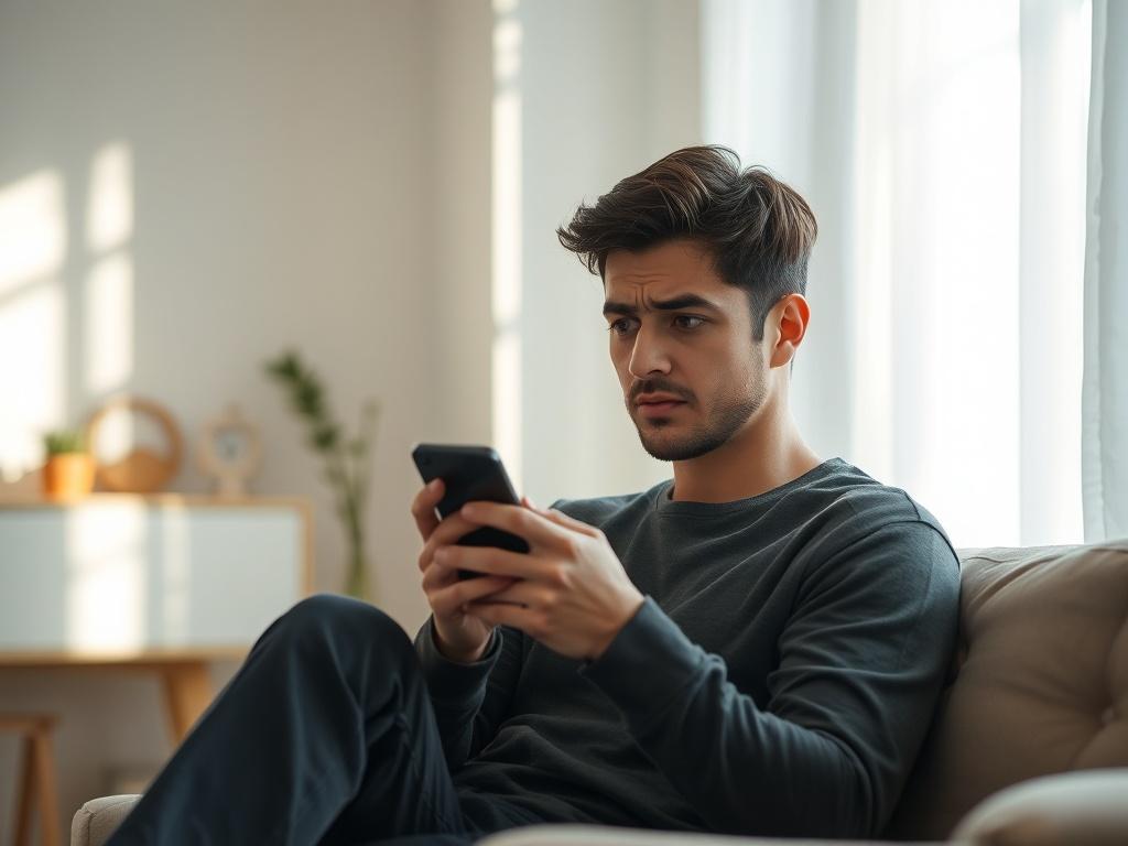 A concerned individual sitting alone in a softly lit room, looking at their phone with a worried expression. The background should be calm and inviting, with gentle natural light filtering through a window, casting soft shadows. The focus is on the person, emphasizing their emotional state, while the setting conveys a serene atmosphere.