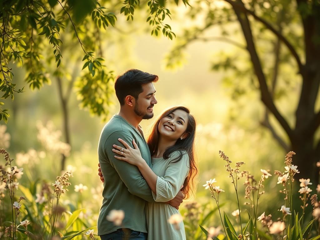 A serene and peaceful setting showcasing a couple in a warm embrace, surrounded by soft, natural light filtering through a lush green landscape. The couple looks hopeful and connected, symbolizing love and unity. In the background, gentle floral arrangements enhance the atmosphere of fertility and new beginnings. The color palette features soft tones, with an emphasis on greens, to evoke feelings of tranquility and positivity.