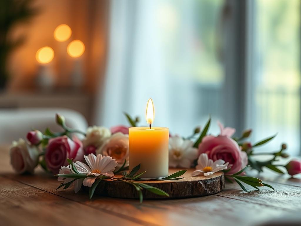 A serene setting with a single lit candle on a wooden table, surrounded by fresh flowers. The background is softly blurred to create a peaceful atmosphere, with warm, gentle lighting casting a calm glow. The focus is on the candle, symbolizing guidance and clarity in marital decisions.