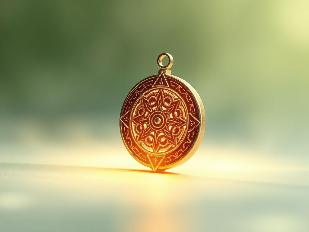 A serene, high-resolution image depicting a single, glowing protective amulet surrounded by soft light. The amulet should have intricate designs and symbols, representing strength and protection. The background should be soft and gentle, featuring calming colors like light green and white, creating a peaceful atmosphere. The composition should focus solely on the amulet, emphasizing its significance as a symbol of protection.