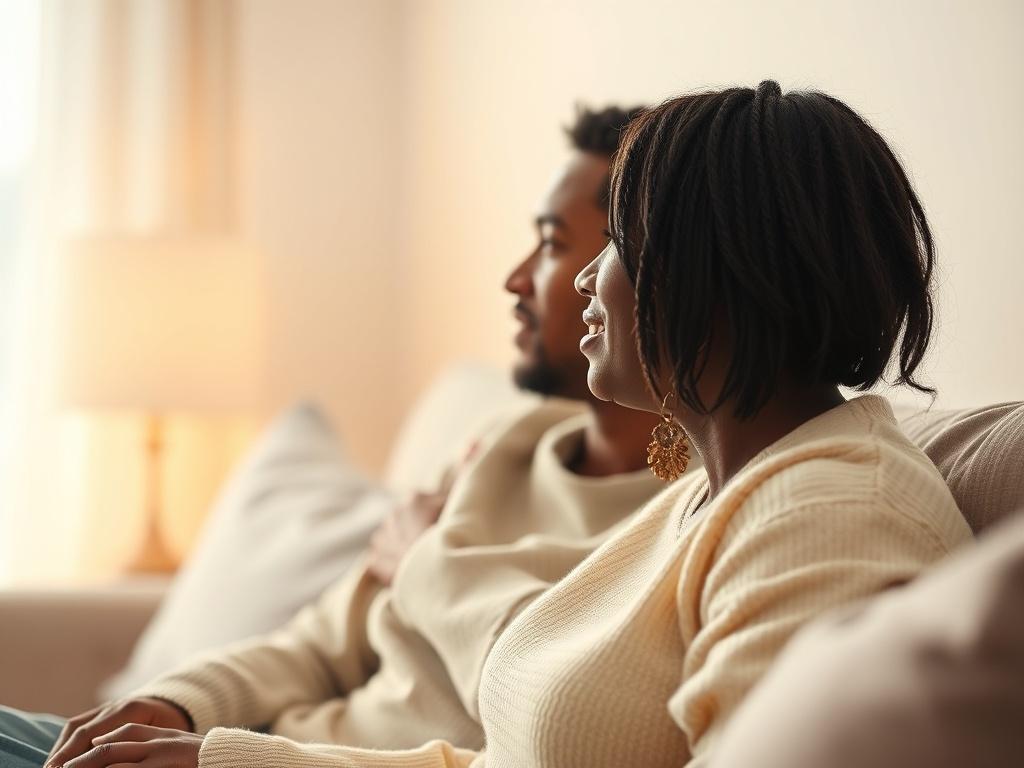 A serene setting featuring a couple sitting on a comfortable couch, looking at each other with compassion and understanding. Soft lighting creates a warm atmosphere, enhancing the feeling of connection. The background shows gentle colors and a calming environment, symbolizing healing and love. The couple is the main focus, exuding a sense of hope and reconciliation.