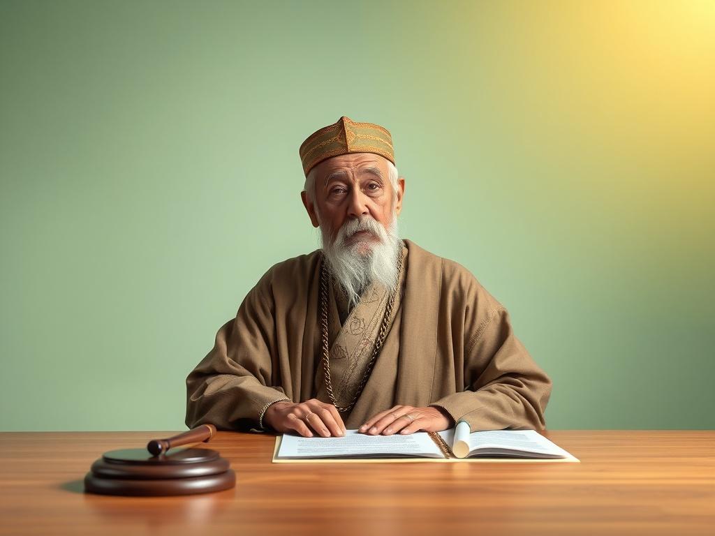 A serene and focused scene featuring a wise-looking elder in traditional attire, sitting at a table with legal documents and a gavel. The background is softly lit, creating a peaceful atmosphere, with gentle green hues reflecting a sense of hope and resolution. The elder is actively engaged in contemplation, symbolizing wisdom and guidance in legal matters.