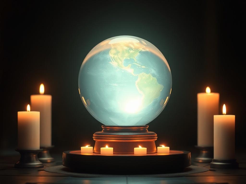 A serene, high-resolution image of a mystical crystal ball glowing softly in a dimly lit room, surrounded by candles. The setting conveys a peaceful, spiritual atmosphere, with gentle lighting that enhances the crystal ball's enchanting glow. The focus is solely on the crystal ball, which symbolizes luck and fortune in lottery games.
