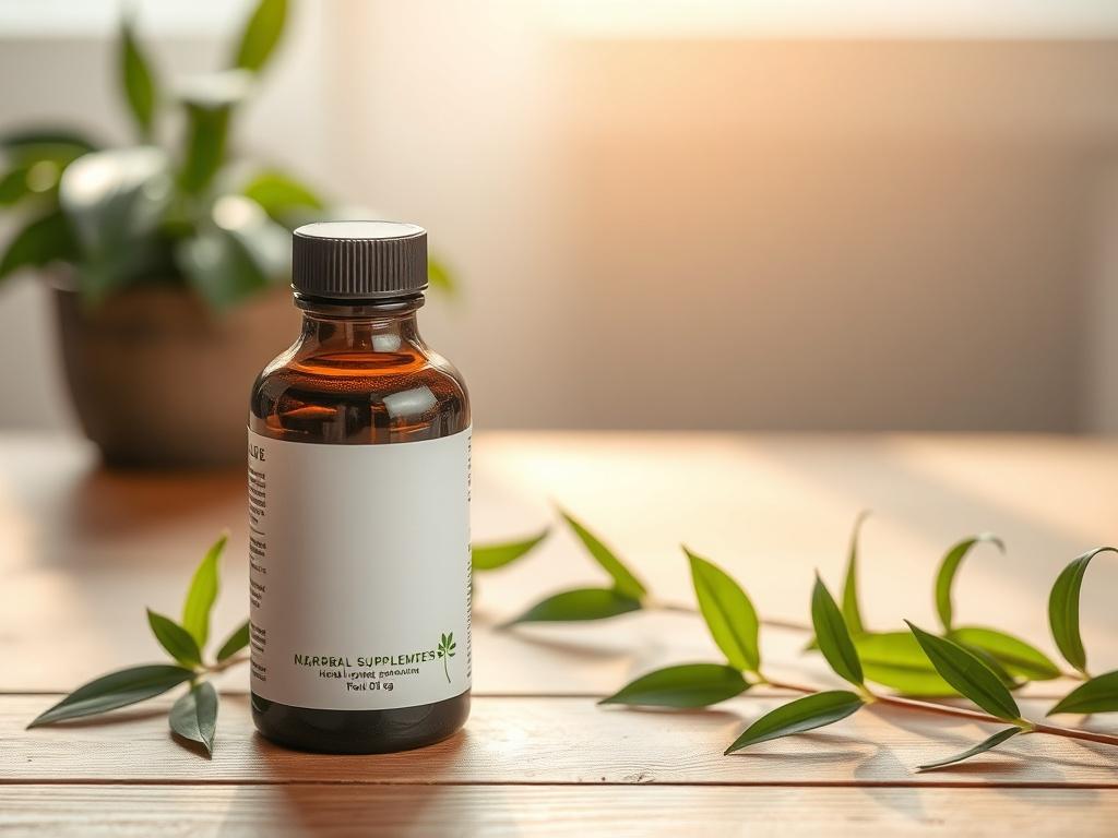 A serene, calming image featuring a single bottle of herbal supplements on a wooden table, surrounded by natural elements like green leaves and soft lighting. The background should be softly blurred, creating a peaceful atmosphere that reflects wellness and natural healing.