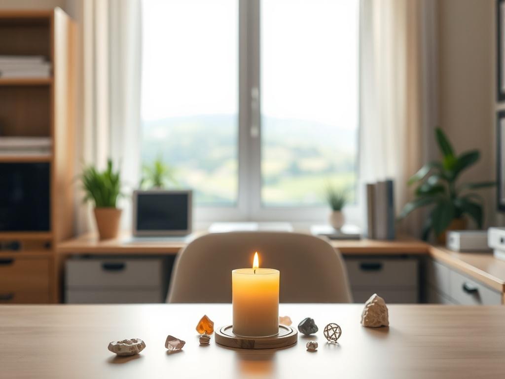 A serene and calming scene of a well-organized office space with soft natural lighting. In the foreground, a single candle burns gently on a desk, surrounded by small protective talismans and crystals. The background shows a window with a view of a peaceful landscape, suggesting tranquility and protection. The overall atmosphere is peaceful and inviting, reflecting the essence of spiritual protection rituals.