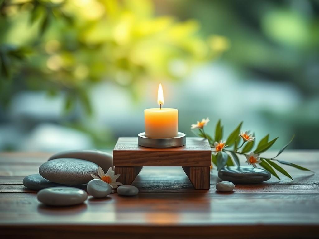 A serene and peaceful setting featuring a single, glowing candle on a small wooden table. Surrounding the candle are natural elements like smooth stones and delicate flowers, creating a soothing atmosphere. Soft, gentle lighting enhances the tranquility of the scene. In the background, a blurred view of nature with greenery adds to the calming effect, emphasizing the theme of healing and connection. The overall color palette leans towards soft tones with hints of green to reflect tranquility.