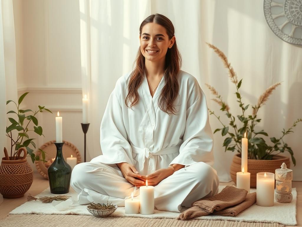 A serene scene of a spiritual practitioner in a softly lit room, performing a cleansing ritual. The practitioner, dressed in flowing white robes, is surrounded by candles and herbs, with a gentle smile, exuding calm and positive energy. The background features soft, natural elements like plants and crystals, creating a peaceful atmosphere that embodies tranquility and renewal.