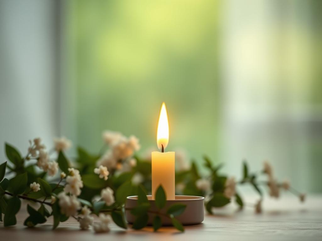 A serene setting with a single glowing candle in the foreground, symbolizing attraction and love. The background features soft, blurred greenery, creating a peaceful and inviting atmosphere. The candle emits a warm, gentle light, illuminating the surrounding area softly, evoking feelings of warmth and romance. The overall composition reflects tranquility and the magic of love, with an emphasis on the candle as the focal point.