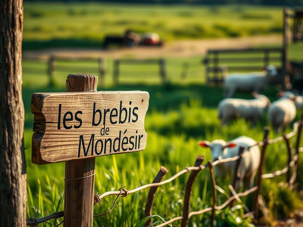 A hyper-realistic close-up shot of a picturesque farm setting, showcasing the dairy production area. The focus is on a rustic wooden sign that reads 'Les brebis de Mondésir' with lush green grass and sheep in the background. The lighting is warm and inviting, highlighting the freshness and quality of the farm's dairy products. The composition is simple and clear, emphasizing the connection between the farm and its surroundings.