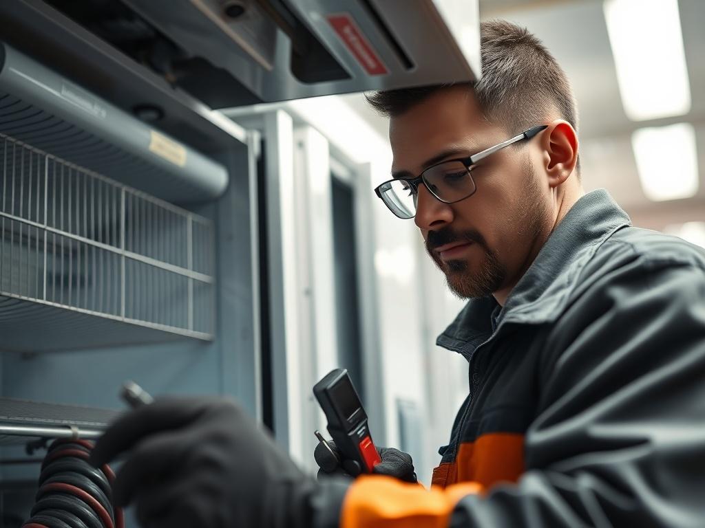 A close-up shot of a technician inspecting a refrigeration unit with advanced tools. The technician is focused, demonstrating professionalism and expertise. The background is a well-lit, clean workspace that shows a commitment to quality service. The image should convey a sense of trust and reliability.