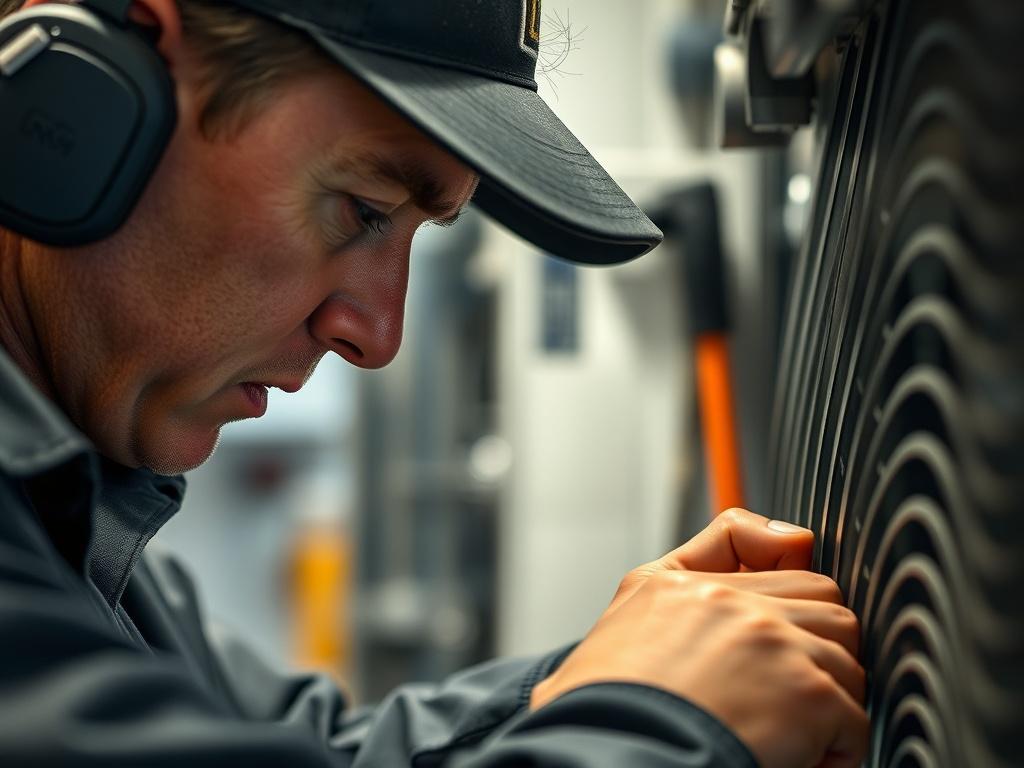A close-up shot of a technician performing a repair on a refrigeration unit, showcasing their focused expression and careful attention to detail. The background highlights the tools and equipment used in the repair process, creating an atmosphere of professionalism and expertise. The image should reflect a commitment to quality service.