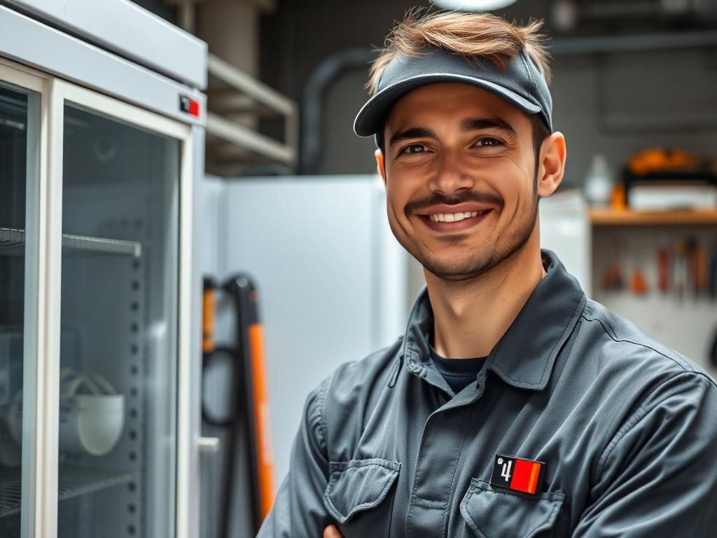 A close-up shot of a technician with a friendly smile, wearing a uniform, standing next to a refrigeration unit. The background features a clean, organized workshop with tools neatly arranged. The image should capture the essence of professionalism and readiness, with bright lighting that emphasizes the technician's confidence and approachability.