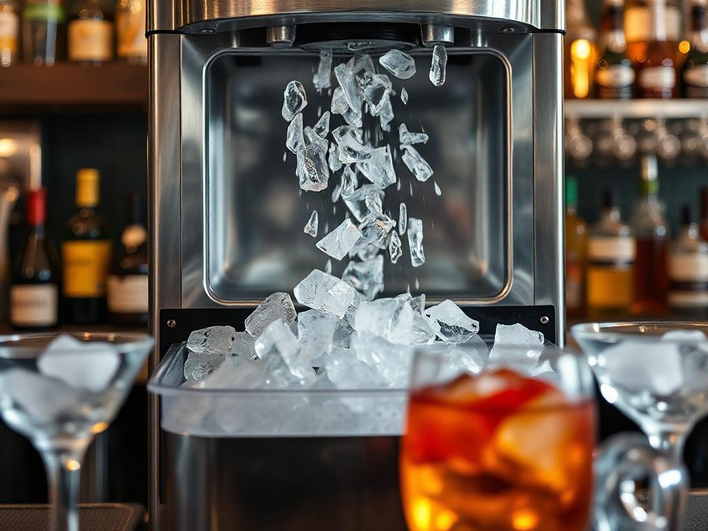 A high-resolution image of a commercial ice maker producing clear, clean ice cubes in a bustling bar setting. The image captures the ice falling into a storage bin, with glasses and drinks in the foreground, showcasing the importance of ice in the beverage service.