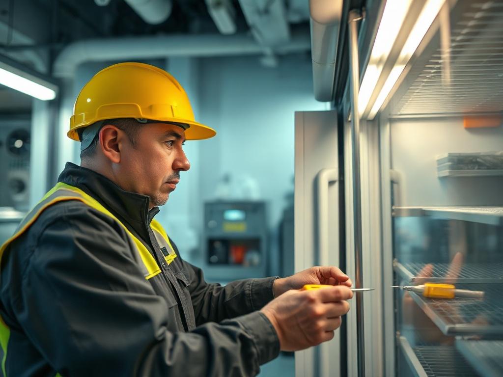 A close-up shot of a professional technician working on a refrigeration unit. The technician is focused, wearing safety gear, with tools in hand, surrounded by a clean, well-organized work area. The background shows a commercial kitchen setting with refrigeration units and equipment, emphasizing the importance of refrigeration in business operations.