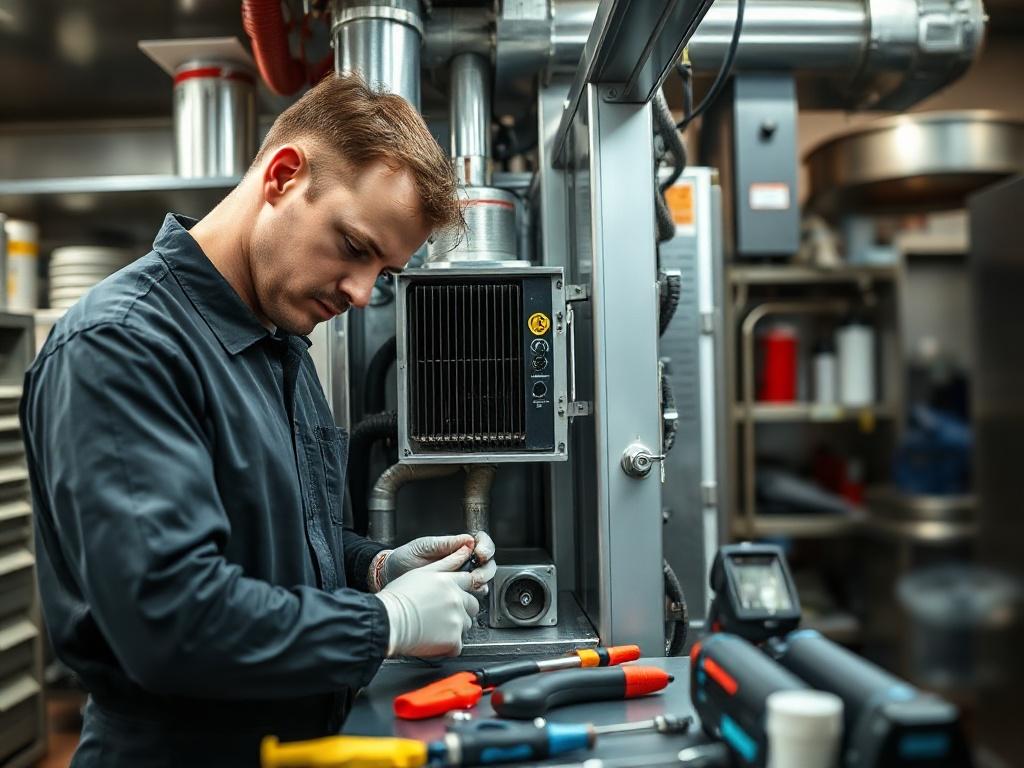 An image showcasing a technician performing routine maintenance on a refrigeration system in a commercial kitchen. The technician is inspecting and cleaning components, with tools and equipment organized nearby, set against the backdrop of a busy kitchen environment.