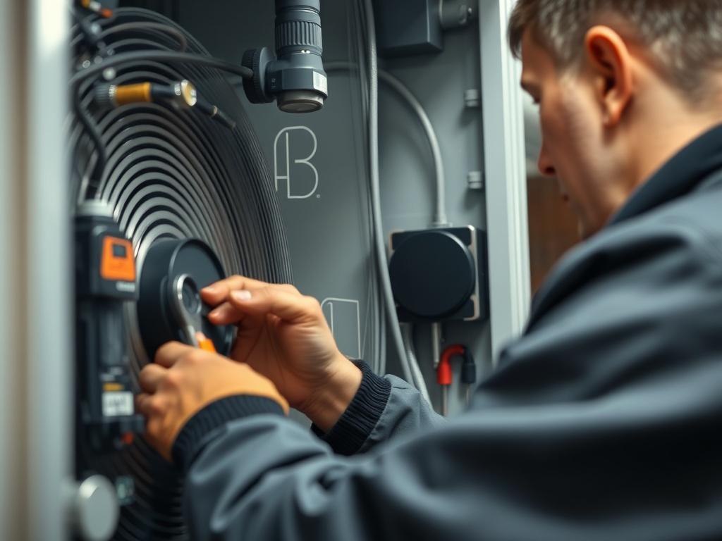 A close-up shot of a skilled technician working on a refrigeration unit, showcasing detailed tools and the intricate inner workings of the system. The background should be softly blurred, emphasizing the technician's focused expression and the precision of the work being done. The image should reflect a professional and efficient environment, with high-resolution quality that highlights the importance of expertise in maintenance tasks.
