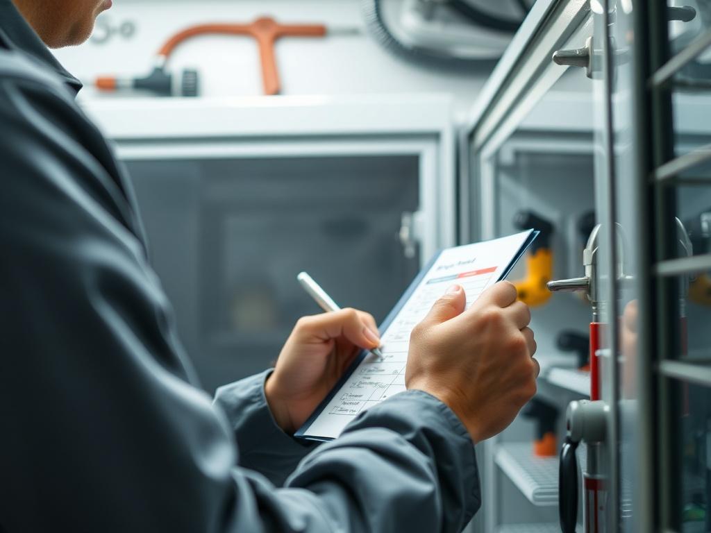 A close-up photo of a technician inspecting a refrigeration unit with a checklist in hand, demonstrating attention to detail and quality control. The background should include tools and equipment used for maintenance, subtly highlighting the focus on thoroughness and quality assurance. The image should capture a moment of diligence, showcasing the technician’s commitment to ensuring everything is in perfect working order.