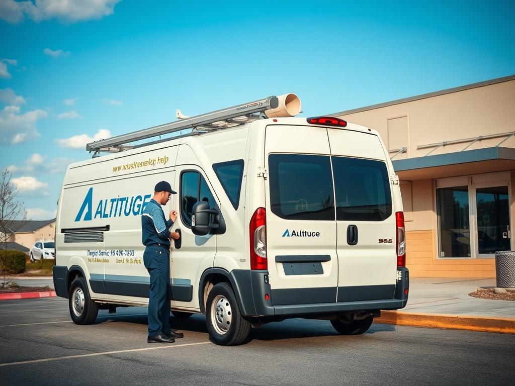 A high-resolution image of a service van with the Altitude Group logo parked outside a commercial building, with a technician preparing tools to respond to a service call. The background should capture the essence of urgency, showcasing the technician's readiness to assist. The focus should be on the van, emphasizing quick access to professional help, with a clear sky and bright colors enhancing the image.