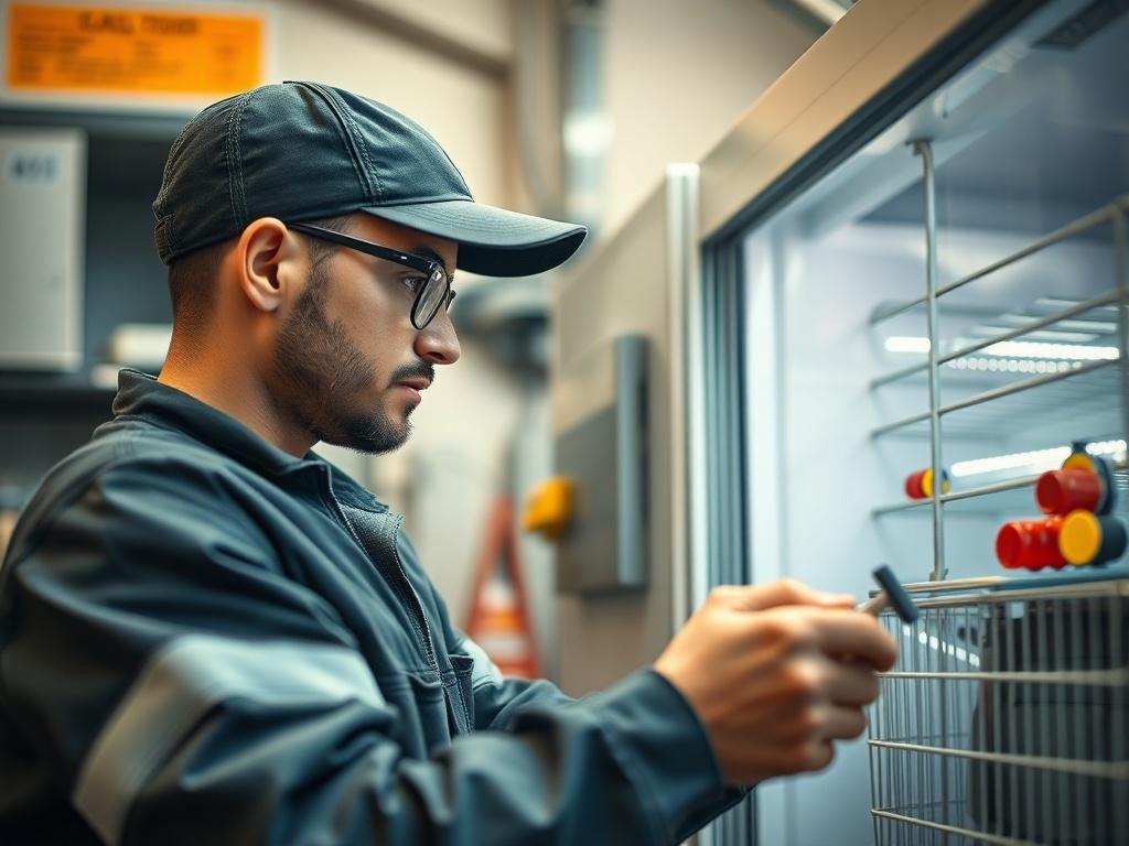 A close-up shot of a technician in a well-equipped repair shop, swiftly attending to a refrigeration unit. The background is softly blurred, emphasizing the technician's focused expression as they work with tools in hand. The colors are warm and inviting, reflecting a professional yet approachable atmosphere.