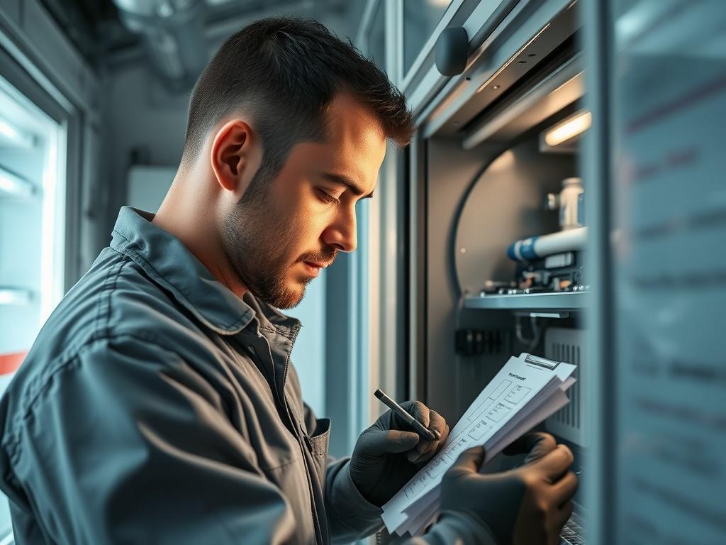 A close-up shot of a quality assurance technician inspecting a refrigeration unit, with tools and checklists visible. The technician looks focused and meticulous, with bright lighting highlighting the details of the equipment. The background should be a clean, organized workspace that conveys professionalism.