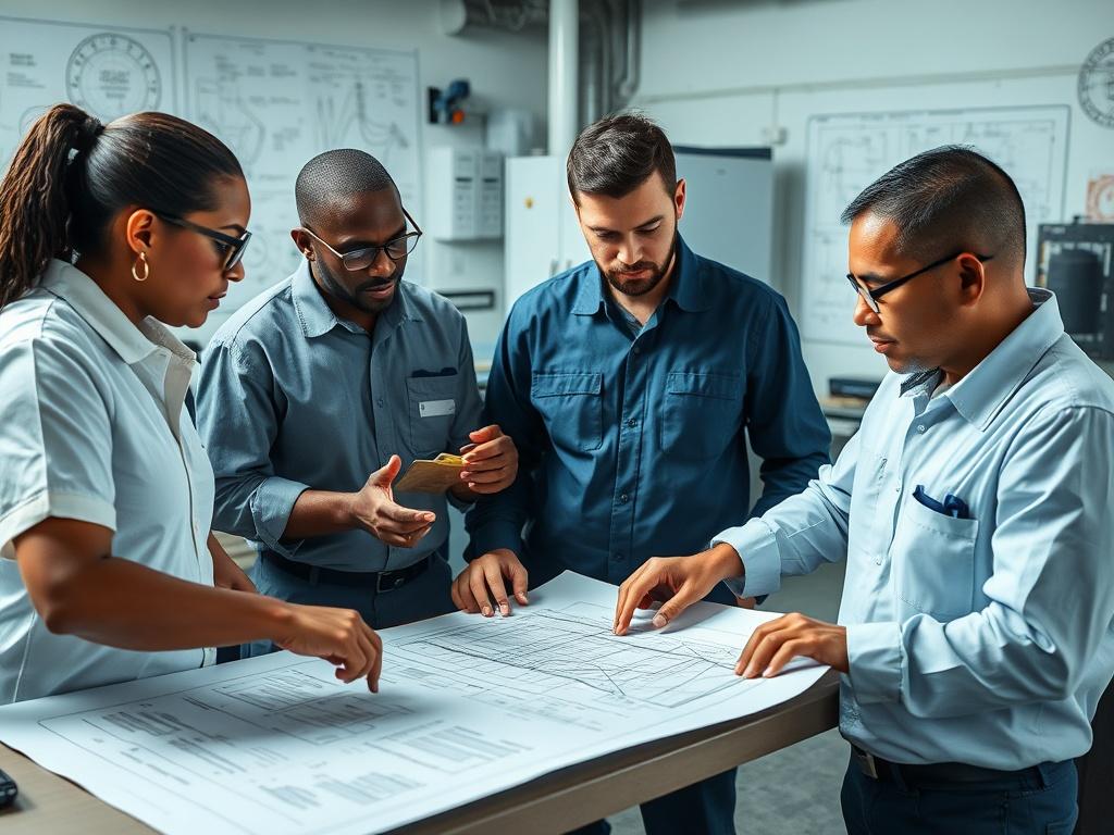 A close-up shot of a diverse team of technicians discussing refrigeration strategies over blueprints in a well-lit office. The technicians are engaged and collaborative, showcasing a mix of expertise and innovation. The background should include technical diagrams and tools, emphasizing a professional environment.