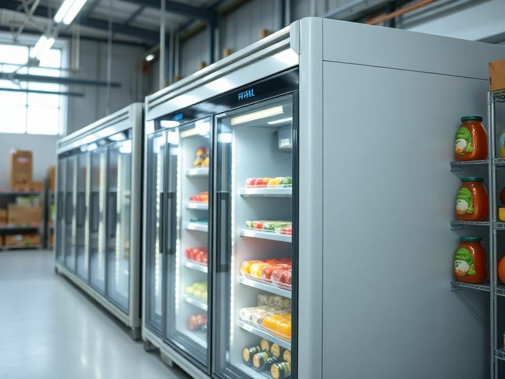 A hyper-realistic photo of a modern cold storage facility, showcasing sleek, high-efficiency refrigeration units in a well-organized environment. The focus is on a single refrigeration unit, with clear visibility of its features, in a bright, clean setting. The background should reflect a professional cold storage area with a hint of products being stored, emphasizing freshness and efficiency. The image should be shot in high resolution, with attention to detail, using a 45mm f/1.2 lens style.