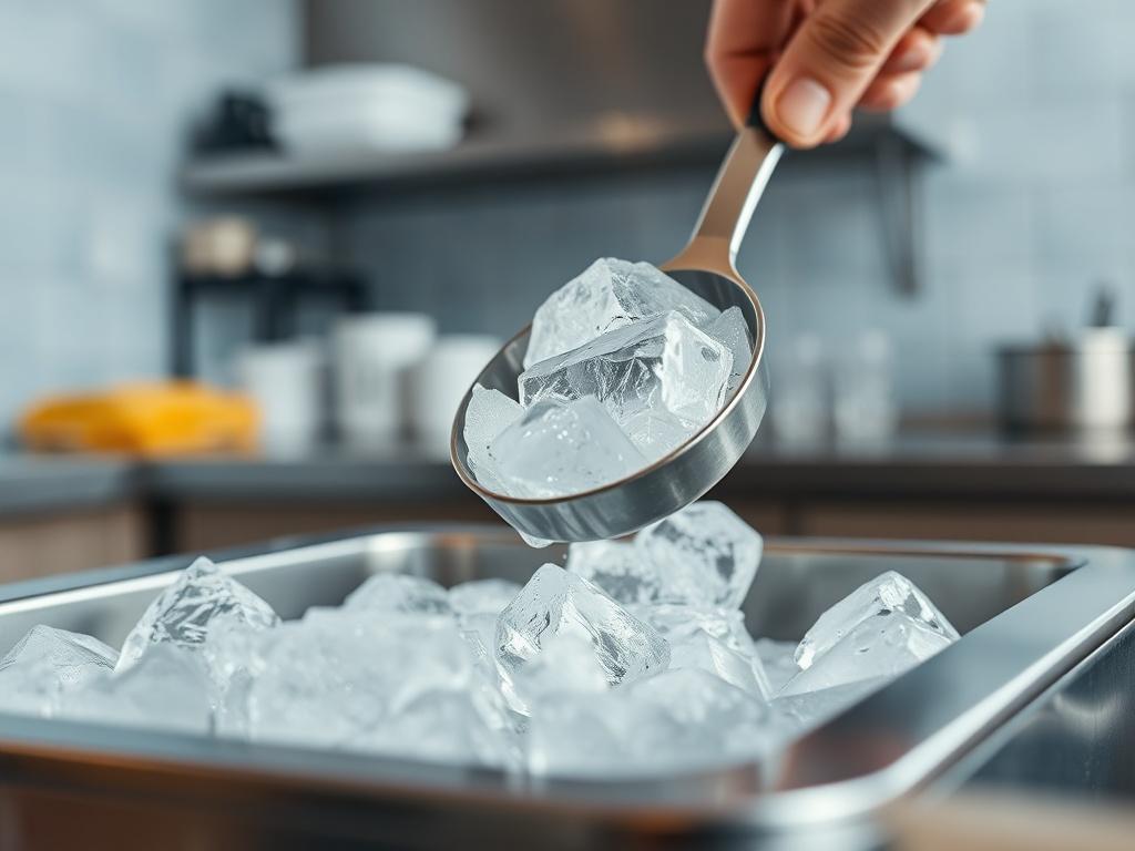 A high-resolution image of ice being scooped into a commercial ice bin, emphasizing clarity and freshness, with a clean and professional kitchen setting in the background.