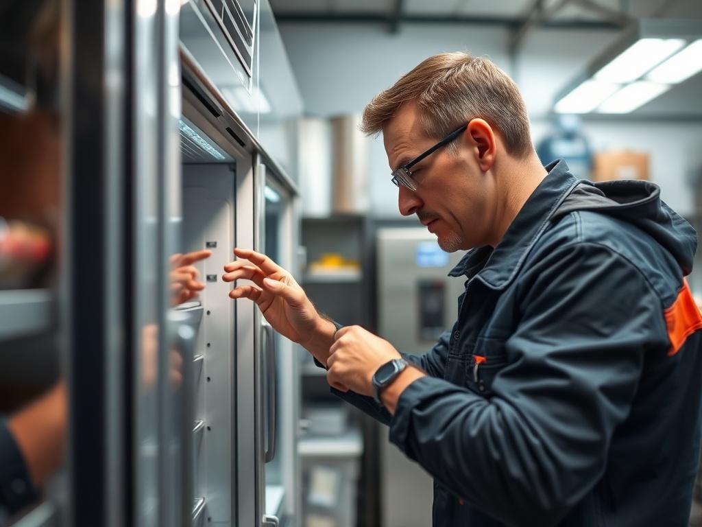 A close-up of a professional technician inspecting a commercial refrigeration unit in a well-lit kitchen environment, showcasing attention to detail and expertise, with a clean and organized workspace in the background.