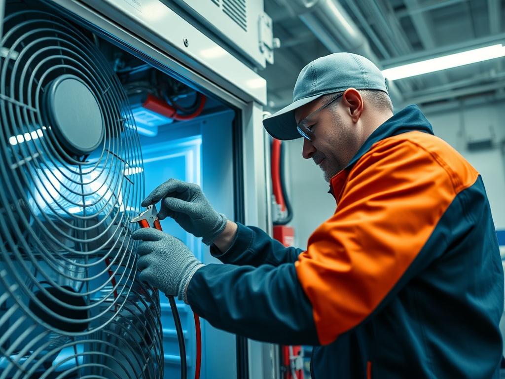 A technician performing maintenance on a commercial refrigeration unit, showcasing tools and equipment in use, with a focus on professionalism and expertise, set in a modern workshop.