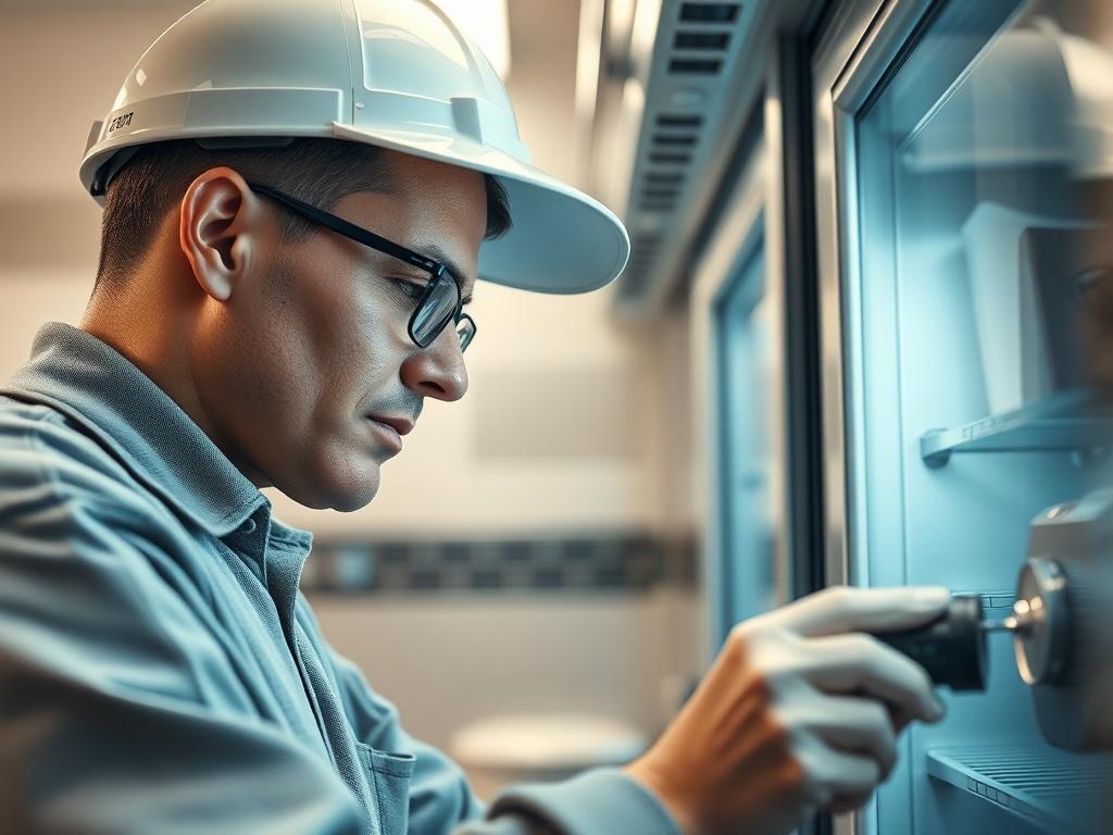 A close-up shot of a technician diagnosing a refrigeration unit, showcasing their focused expression and detailed work. The background should be a clean, commercial kitchen environment, highlighting the importance of reliable refrigeration in food safety.