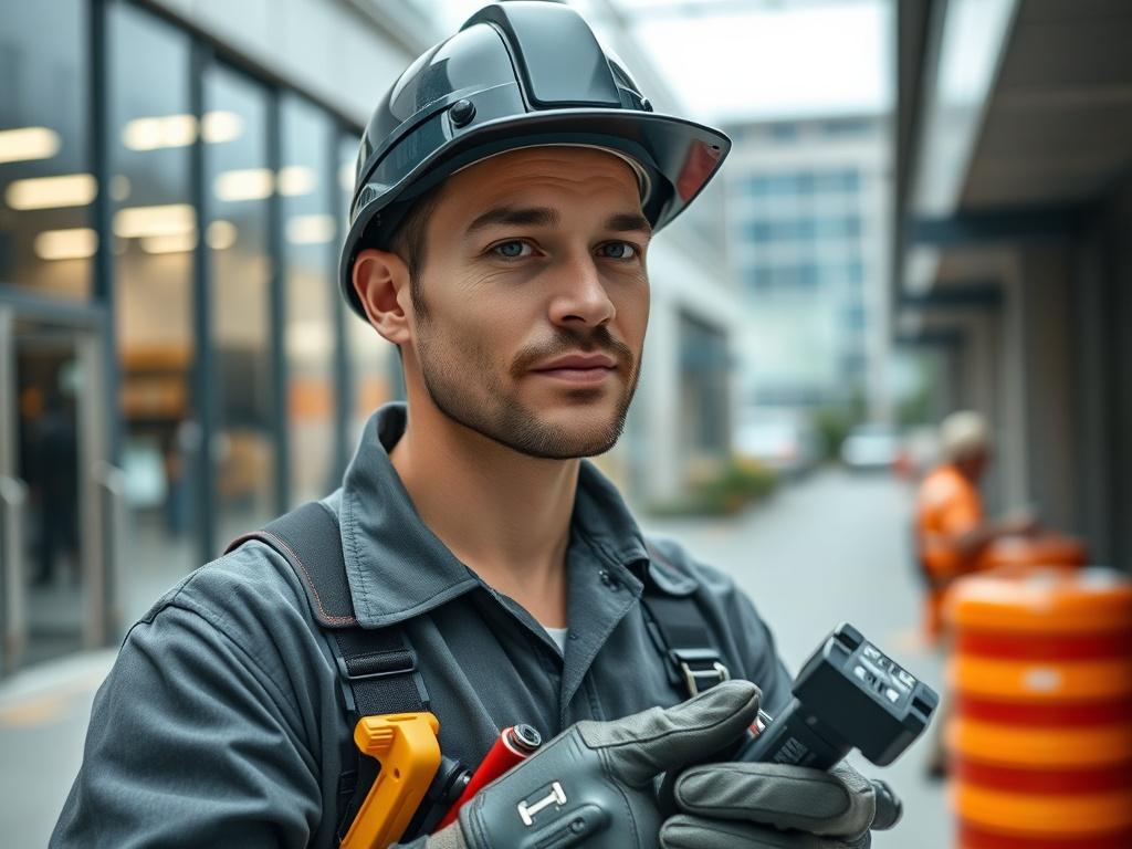 An image capturing a technician quickly arriving at a business location, tools in hand, ready to assist. The background should show a commercial facility, emphasizing the urgency and professionalism of emergency service.