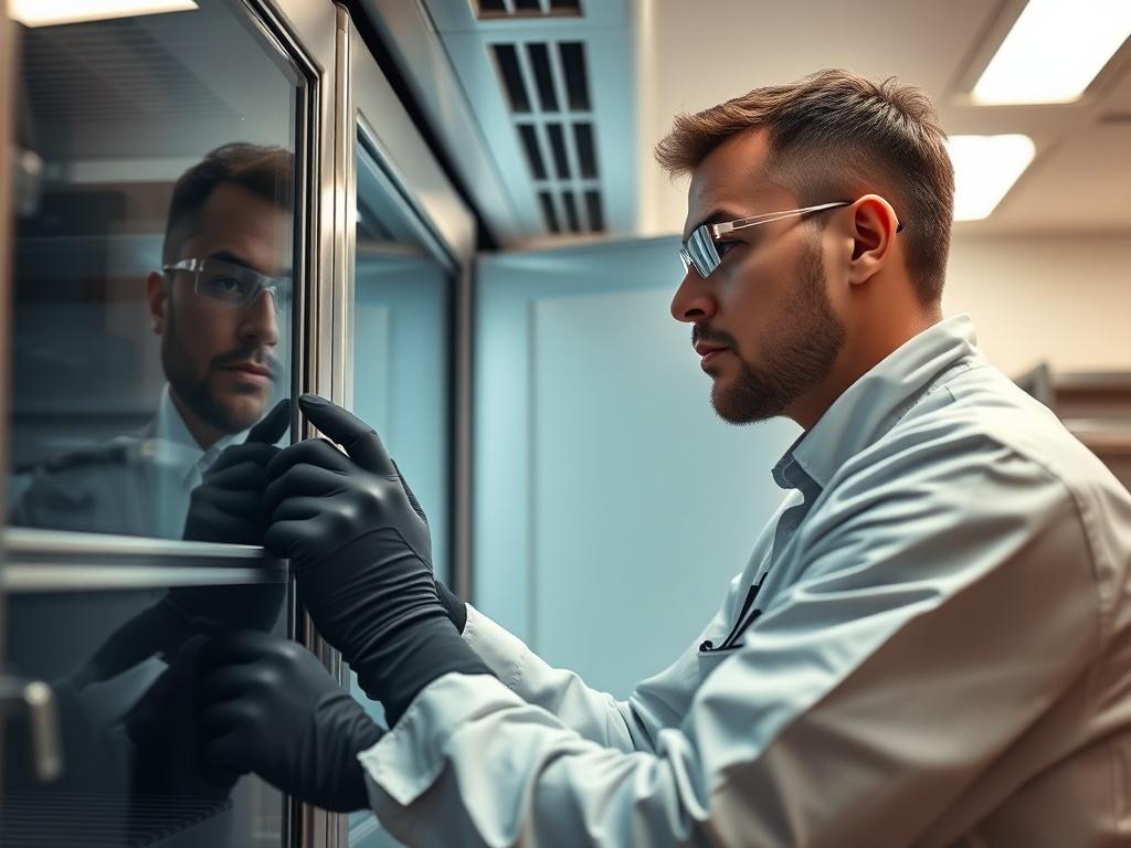 A technician conducting a thorough inspection of a refrigeration unit, showcasing attention to detail and precision. The setting should be a well-maintained commercial kitchen or storage area, highlighting the importance of quality maintenance.