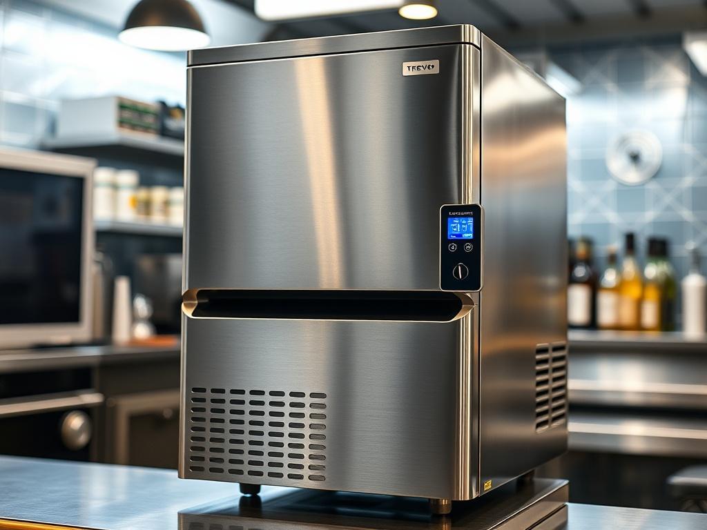 A realistic close-up shot of the Trevor Industrial Ice Maker, showcasing its sleek, stainless-steel design and user-friendly control panel. The background is a well-lit commercial kitchen setting, emphasizing its suitability for restaurant and bar environments. The image should be captured with a 45mm f/1.2 lens style, focusing on the machine's details and craftsmanship.