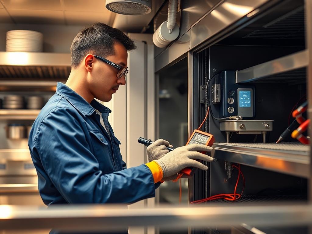 Generate a realistic, high-resolution image depicting a professional refrigeration technician performing routine maintenance on a commercial refrigeration unit. The technician should be wearing a blue uniform, safety glasses, and gloves, demonstrating care and diligence in their work. The focus should be on the technician inspecting the internal components of the refrigeration unit, showcasing tools such as a screwdriver and a multimeter being used. 

The background should be an organized commercial kitchen