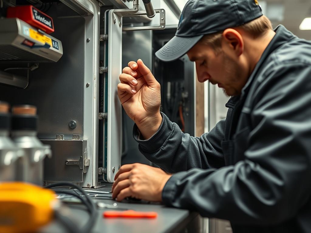 A close-up shot of a technician repairing a refrigeration unit, with tools and equipment around. The focus is on the technician's hands working diligently, showcasing professionalism and expertise. The background is a commercial kitchen setting, emphasizing the importance of operational efficiency.
