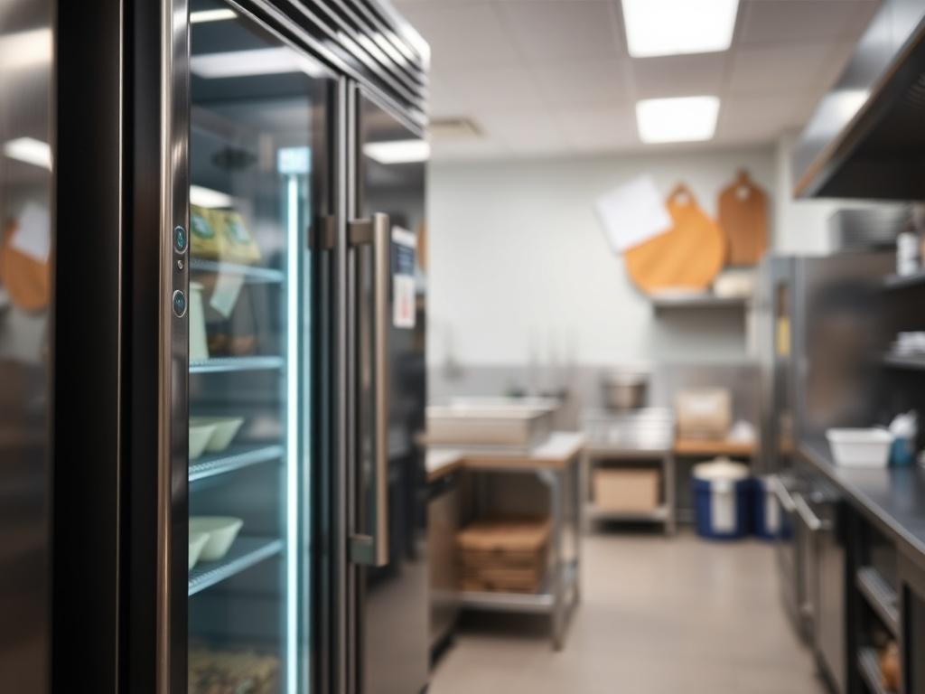 A close-up shot of a commercial refrigeration unit in a restaurant kitchen, showcasing its sleek design and functionality. The setting is well-lit, emphasizing the unit's features while the kitchen background is slightly blurred. The image conveys a sense of reliability and modern technology.