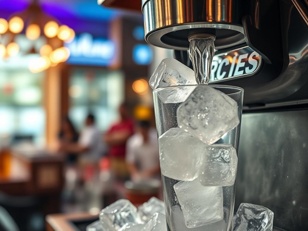 A close-up shot of an ice machine in a bustling bar, with ice cubes being dispensed into a glass. The background is a lively bar scene, slightly blurred to keep the focus on the ice machine. This image highlights the importance of ice in hospitality and service.