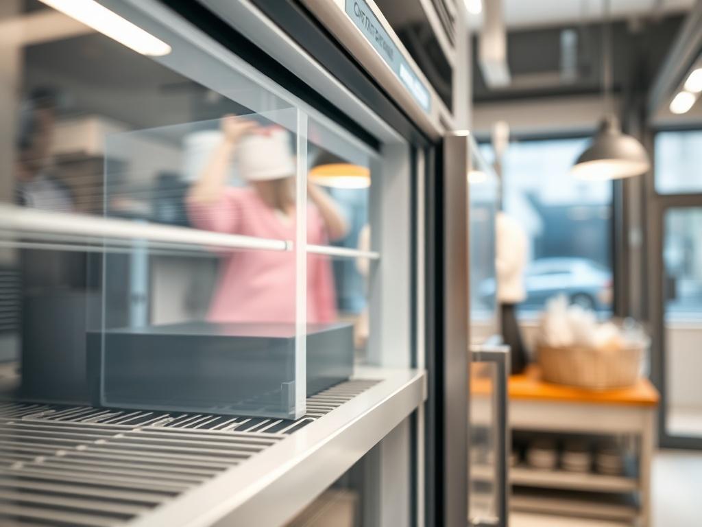 A close-up shot of a commercial refrigeration unit in a brightly lit kitchen environment, focusing on the intricate details of the cooling system. The unit should be clean and modern, showcasing its energy-efficient design. The background should be slightly blurred to emphasize the refrigeration unit, with ambient kitchen elements subtly included to convey a professional setting.