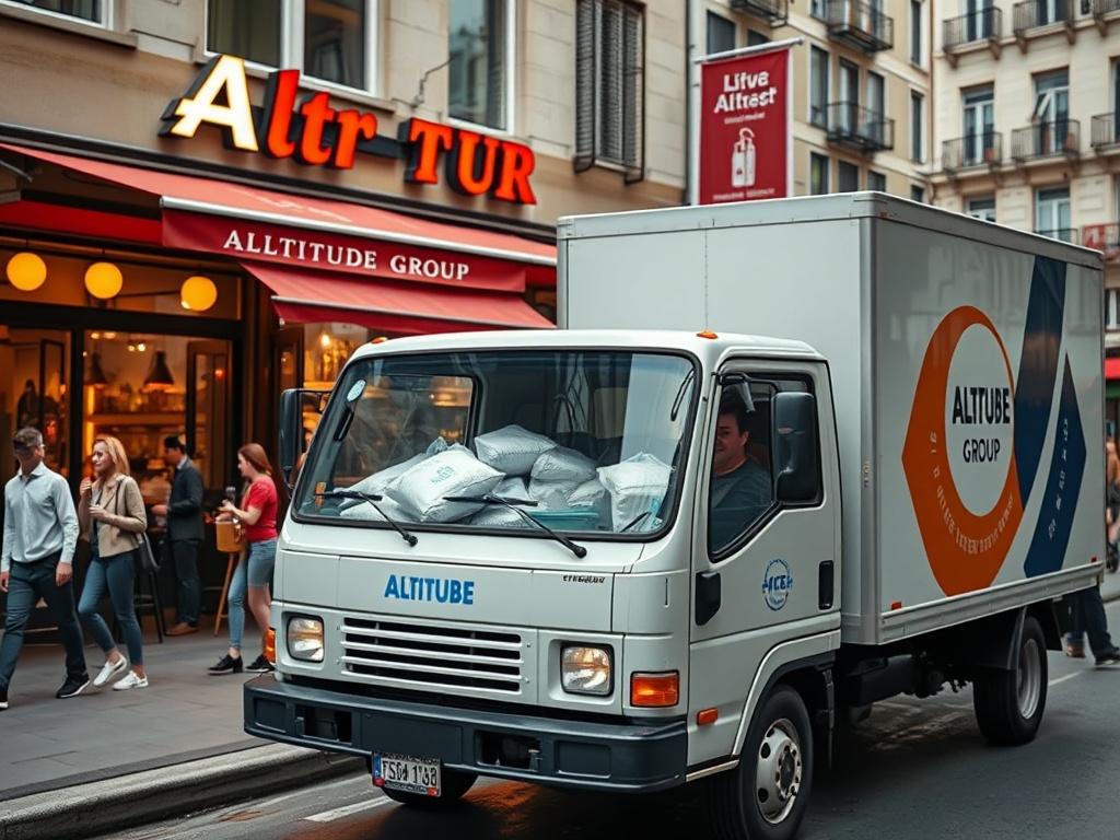 A high-resolution image of a delivery truck filled with bags of ice, parked outside a bustling restaurant. The truck should be prominently featured, showcasing the Altitude Group branding. The background should depict a lively city street with people walking and enjoying their meals, emphasizing the importance of ice delivery in a vibrant business environment.