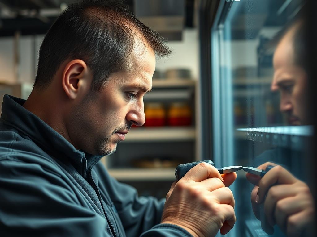 A close-up shot of a technician performing maintenance on a commercial refrigeration unit, using professional tools. The technician should be focused and attentive, showcasing the detailed work involved. The background should be a clean and organized kitchen or storage area, highlighting a professional environment where maintenance is taking place.