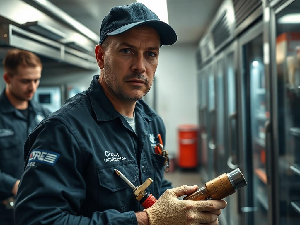 A focused close-up shot of a technician in a branded uniform responding to a refrigeration emergency, with tools in hand and a look of determination on their face. The background shows a commercial kitchen with refrigeration units, highlighting urgency and professionalism. Shot with a 45mm f/1.2 lens.