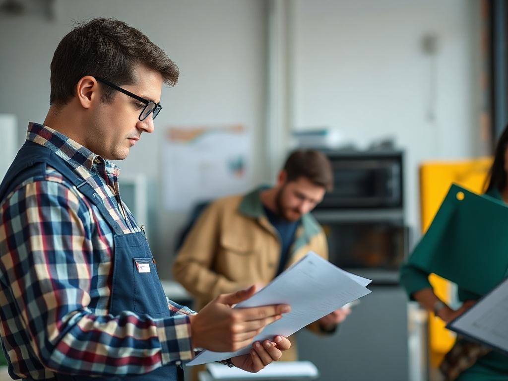 A close-up of a confident technician discussing maintenance options with a client, both reviewing documents and equipment. The setting is a well-lit office space, conveying trust and professionalism. Shot with a 45mm f/1.2 lens.